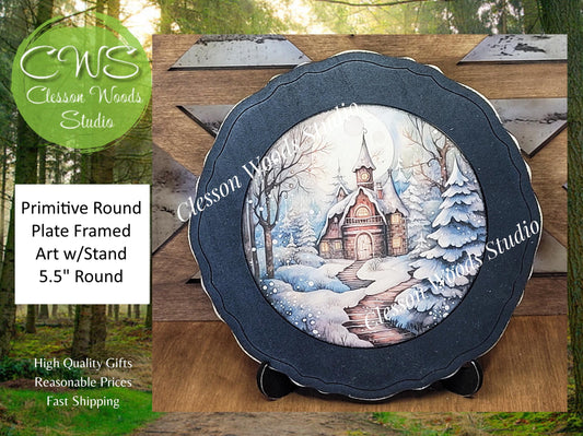 Winter Folk Art Village 6 Primitive Wood Plate Framed Art With Stand