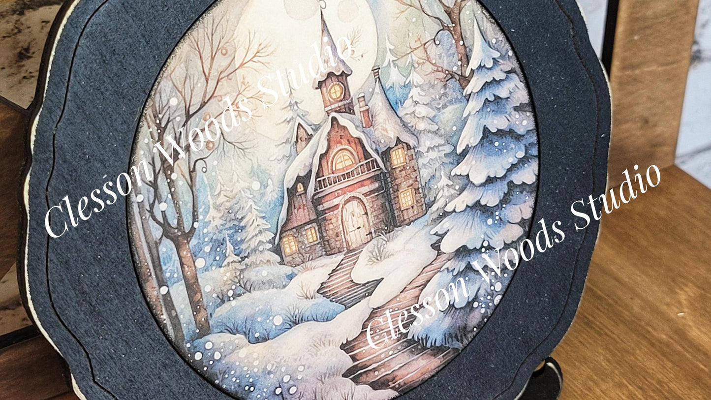 Winter Folk Art Village 6 Primitive Wood Plate Framed Art With Stand