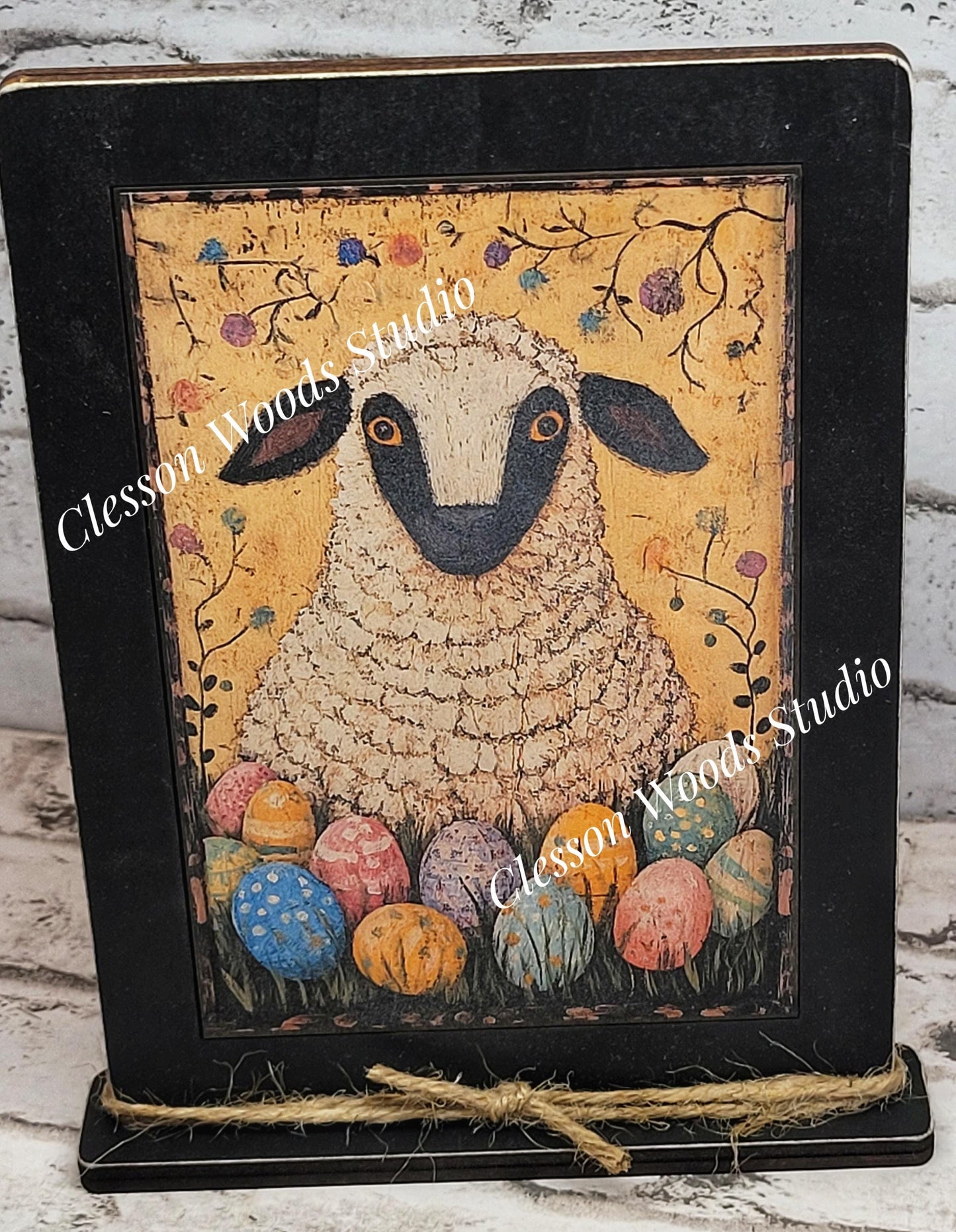 Primitive Sheep Easter Eggs Framed Art with Attached Stand