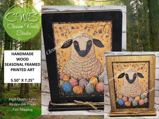 Primitive Sheep Easter Eggs Framed Art with Attached Stand