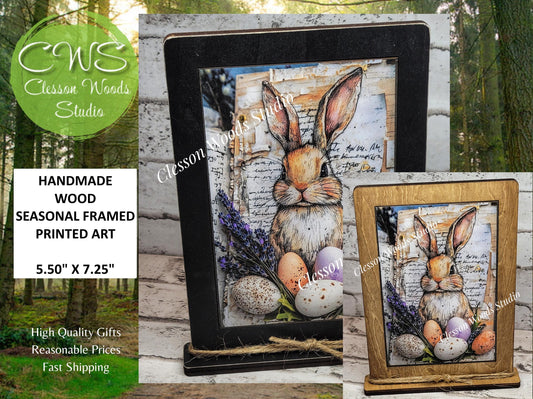Primitive Easter Bunny Framed Art with Attached Stand