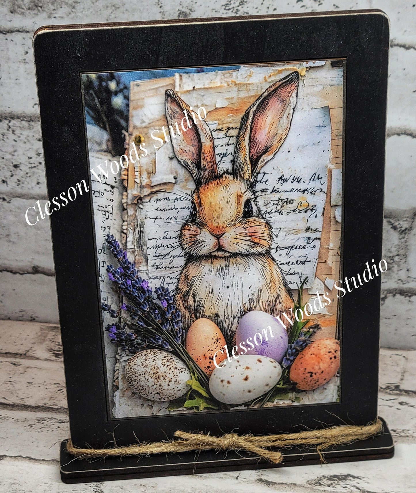 Primitive Easter Bunny Framed Art with Attached Stand