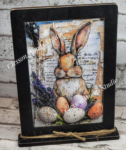 Primitive Easter Bunny Framed Art with Attached Stand