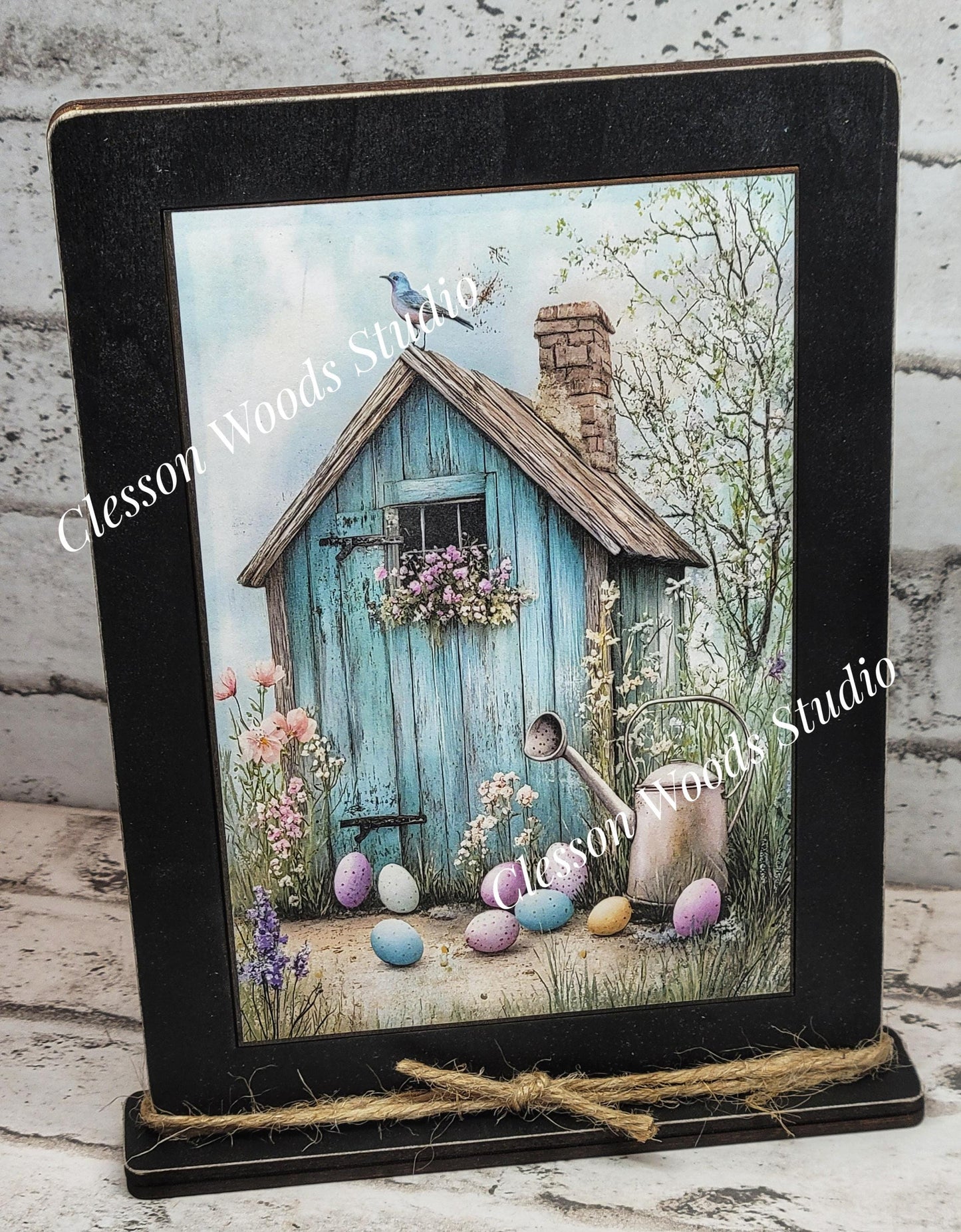 Primitive Easter Potting Shed Framed Art with Attached Stand