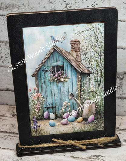 Primitive Easter Potting Shed Framed Art with Attached Stand