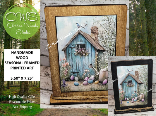 Primitive Easter Potting Shed Framed Art with Attached Stand