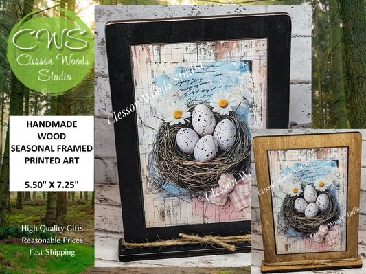 Primitive Spring Bird Nest Framed Art with Attached Stand