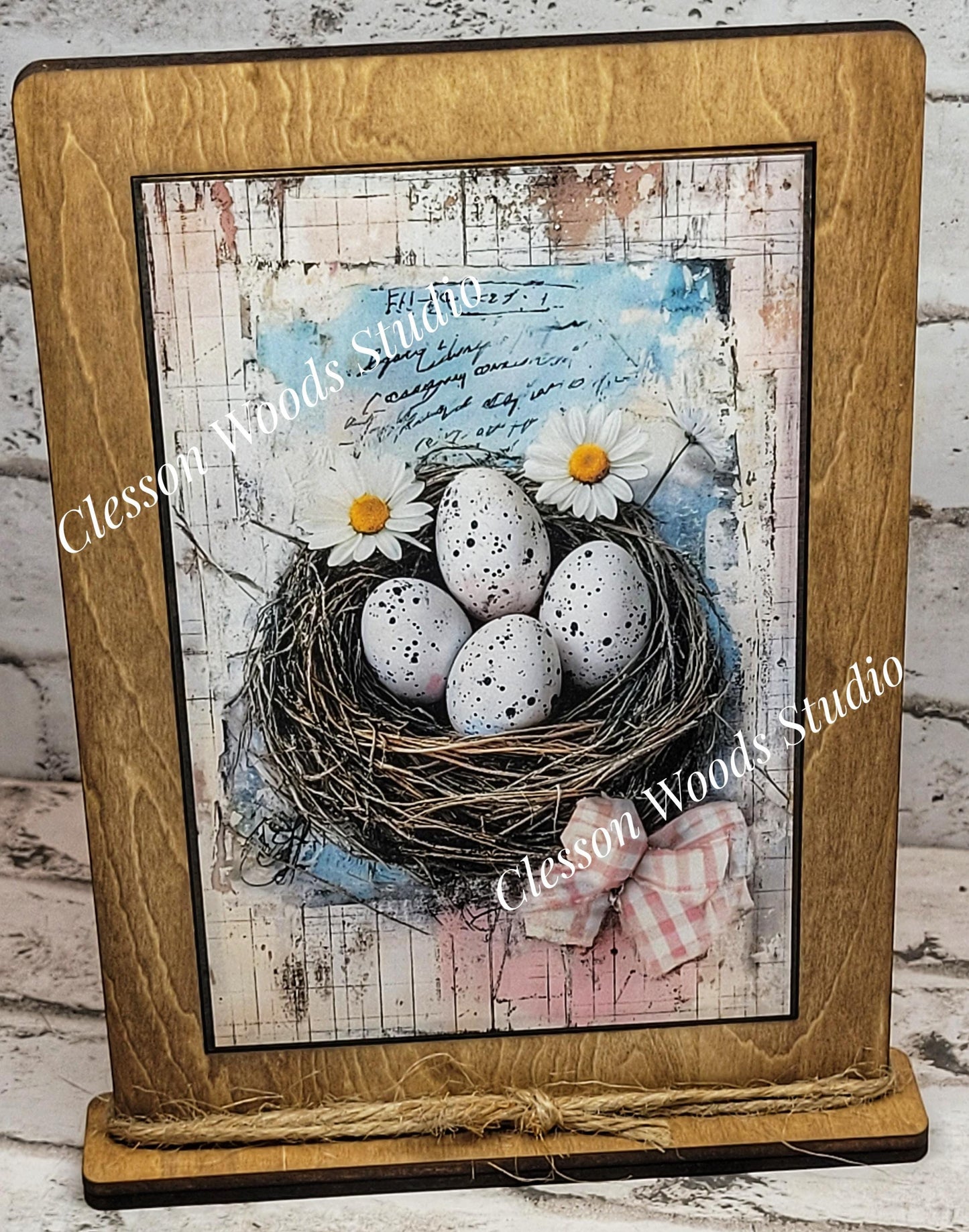 Primitive Spring Bird Nest Framed Art with Attached Stand