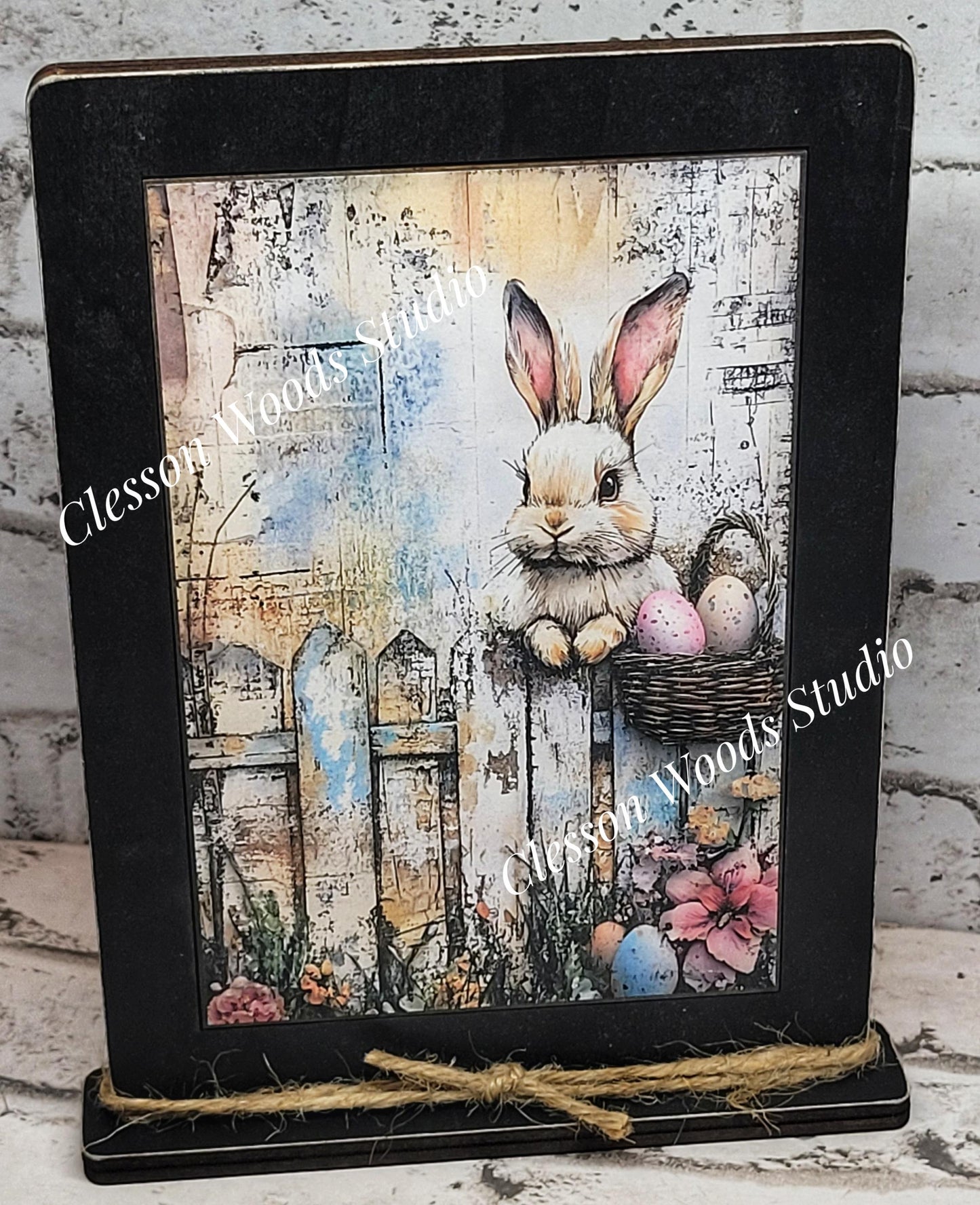 Primitive Spring Easter Bunny Fence Framed Art with Attached Stand