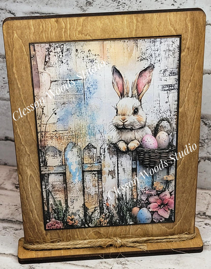 Primitive Spring Easter Bunny Fence Framed Art with Attached Stand