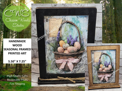 Primitive Easter Basket Framed Art with Attached Stand