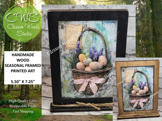 Primitive Easter Basket Framed Art with Attached Stand