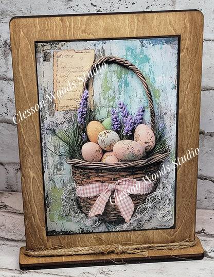 Primitive Easter Basket Framed Art with Attached Stand