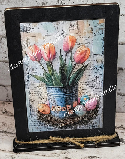 Primitive Spring Tulips Framed Art with Attached Stand