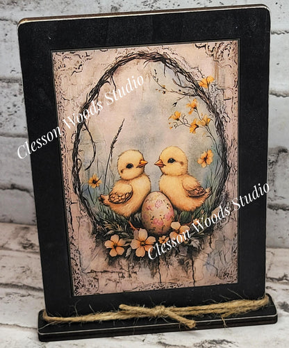 Primitive Spring Chicks 2 Framed Art with Attached Stand