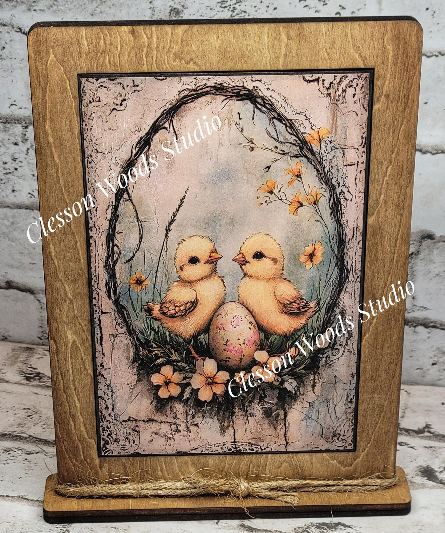 Primitive Spring Chicks 2 Framed Art with Attached Stand