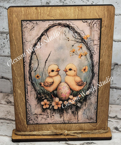 Primitive Spring Chicks 2 Framed Art with Attached Stand
