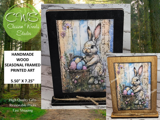 Primitive Easter Bunny Basket Framed Art with Attached Stand