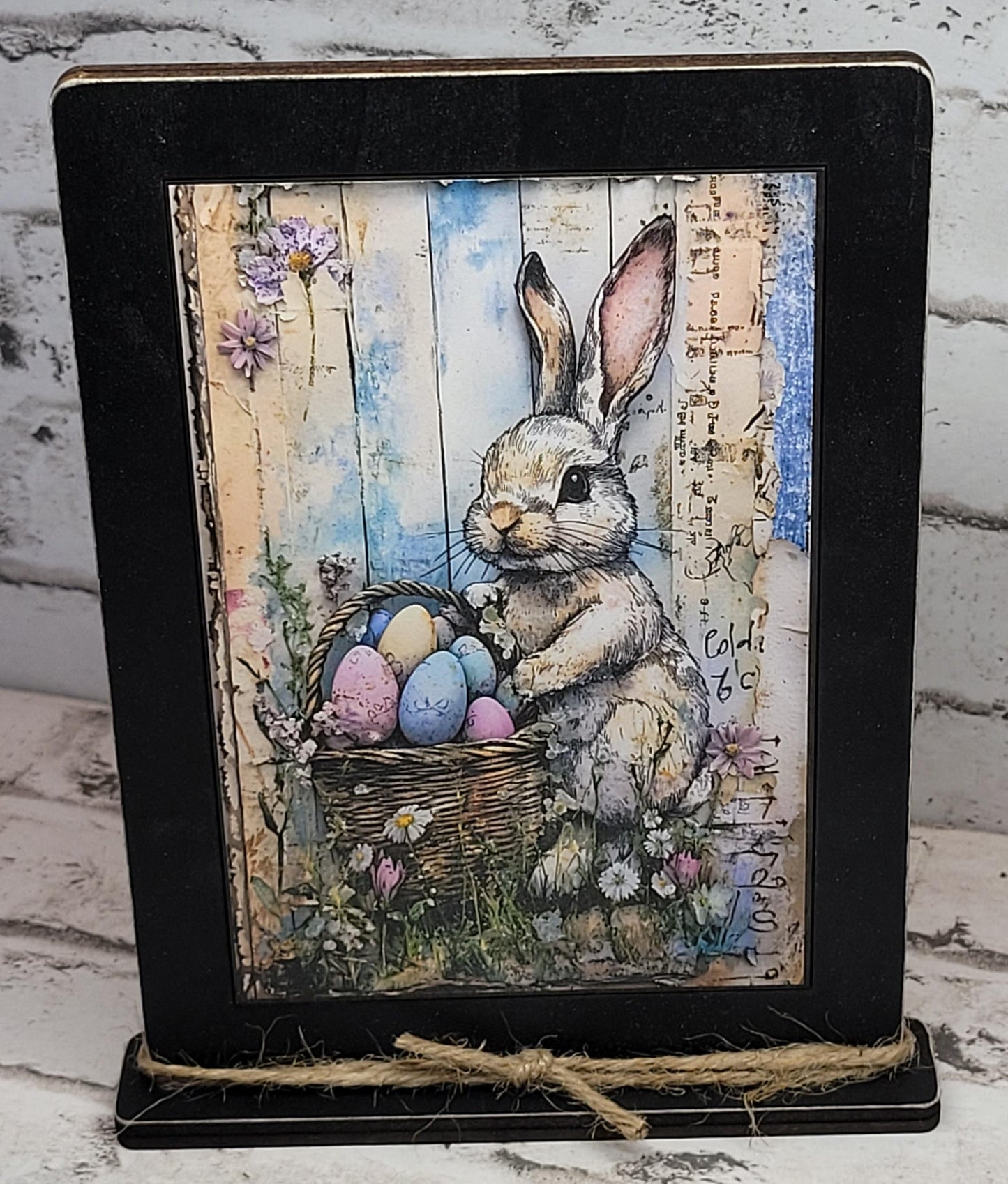Primitive Easter Bunny Basket Framed Art with Attached Stand