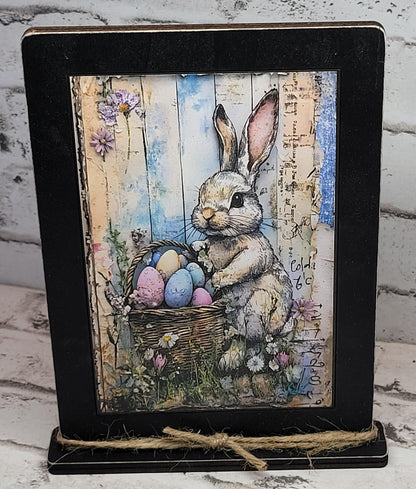 Primitive Easter Bunny Basket Framed Art with Attached Stand