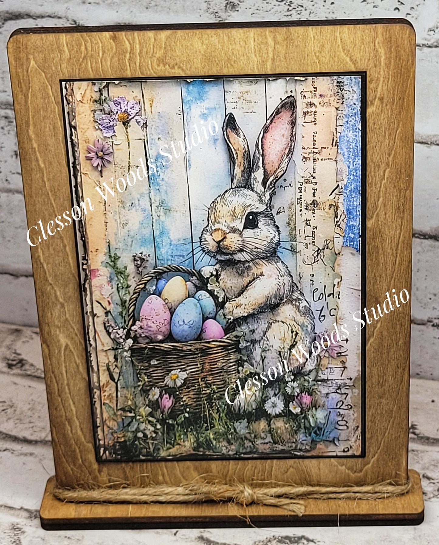 Primitive Easter Bunny Basket Framed Art with Attached Stand