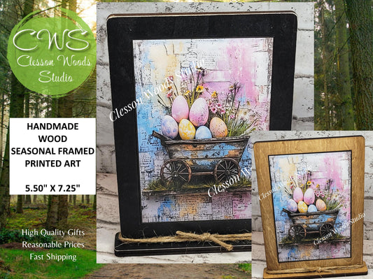 Primitive Spring Easter Cart Framed Art with Attached Stand
