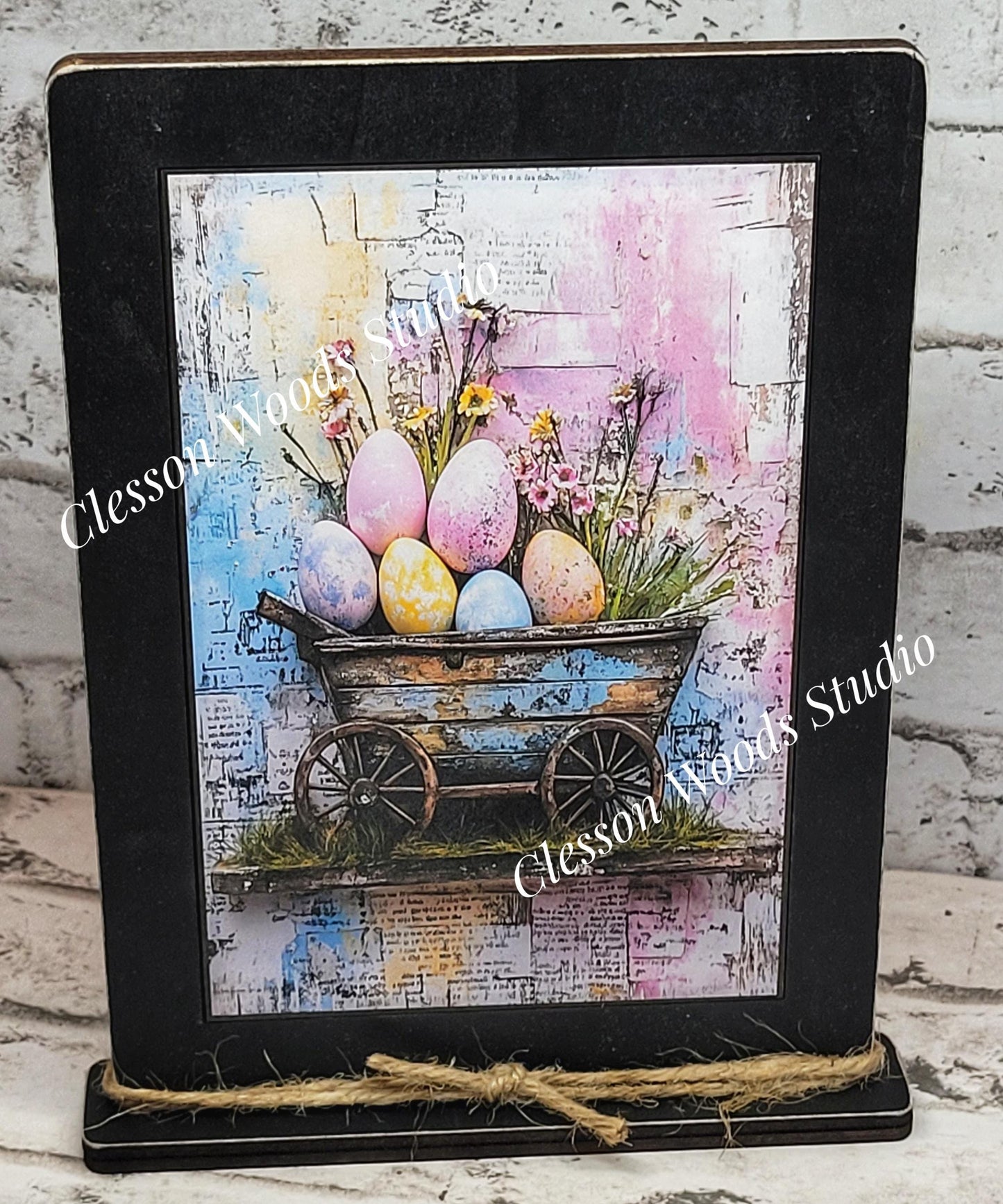 Primitive Spring Easter Cart Framed Art with Attached Stand
