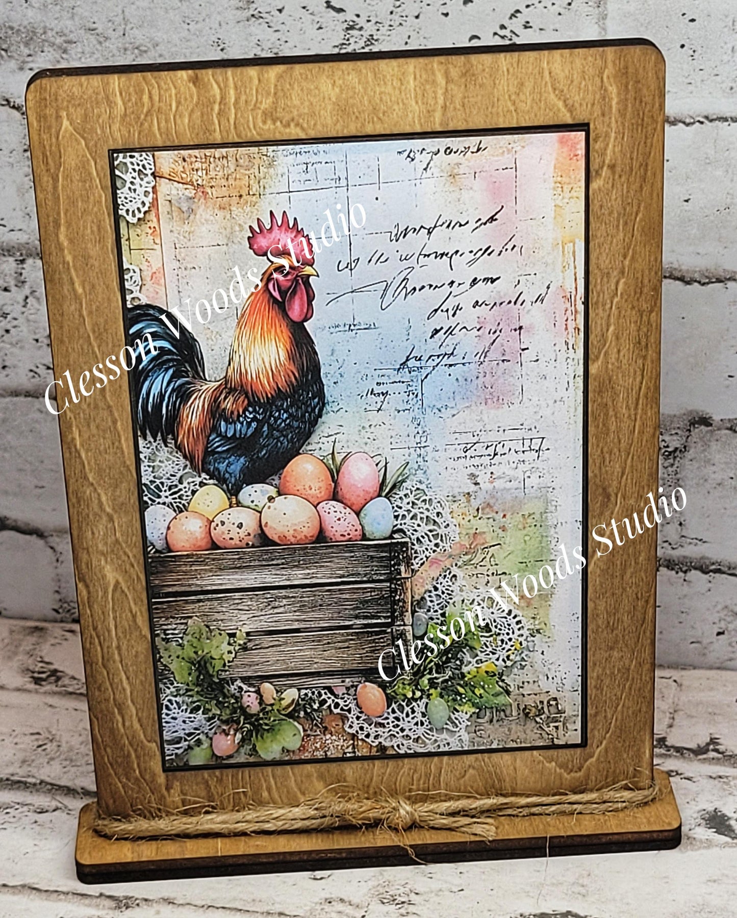 Primitive Spring Rooster Framed Art with Attached Stand