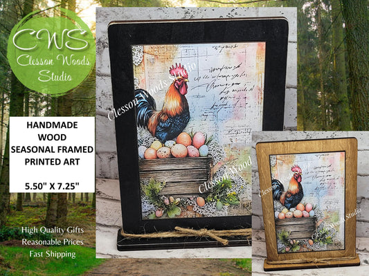 Primitive Spring Rooster Framed Art with Attached Stand
