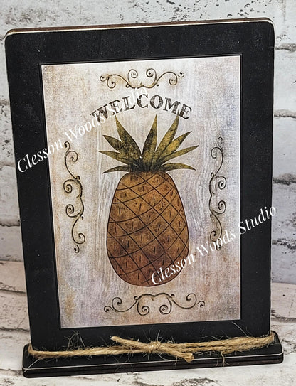 Primitive Pineapple Welcome Framed Art with Attached Stand