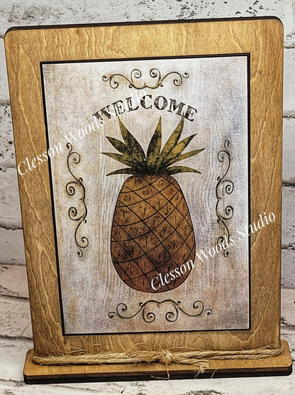 Primitive Pineapple Welcome Framed Art with Attached Stand