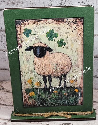 Primitive St Patricks Sheep Framed Art with Attached Stand