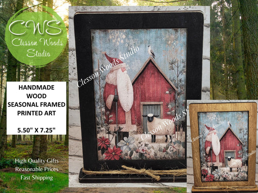 Folk Art Santa and Sheep 1 Framed Art with Attached Stand