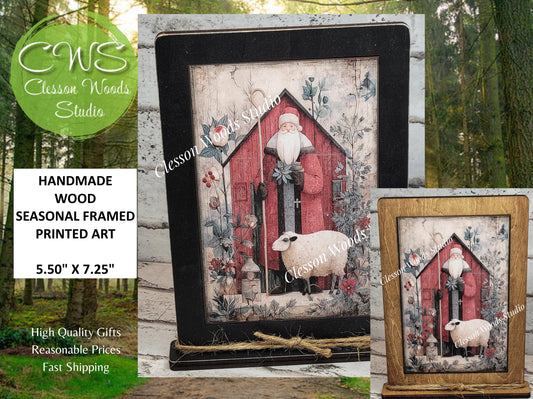 Folk Art Santa and Sheep 2 Framed Art with Attached Stand