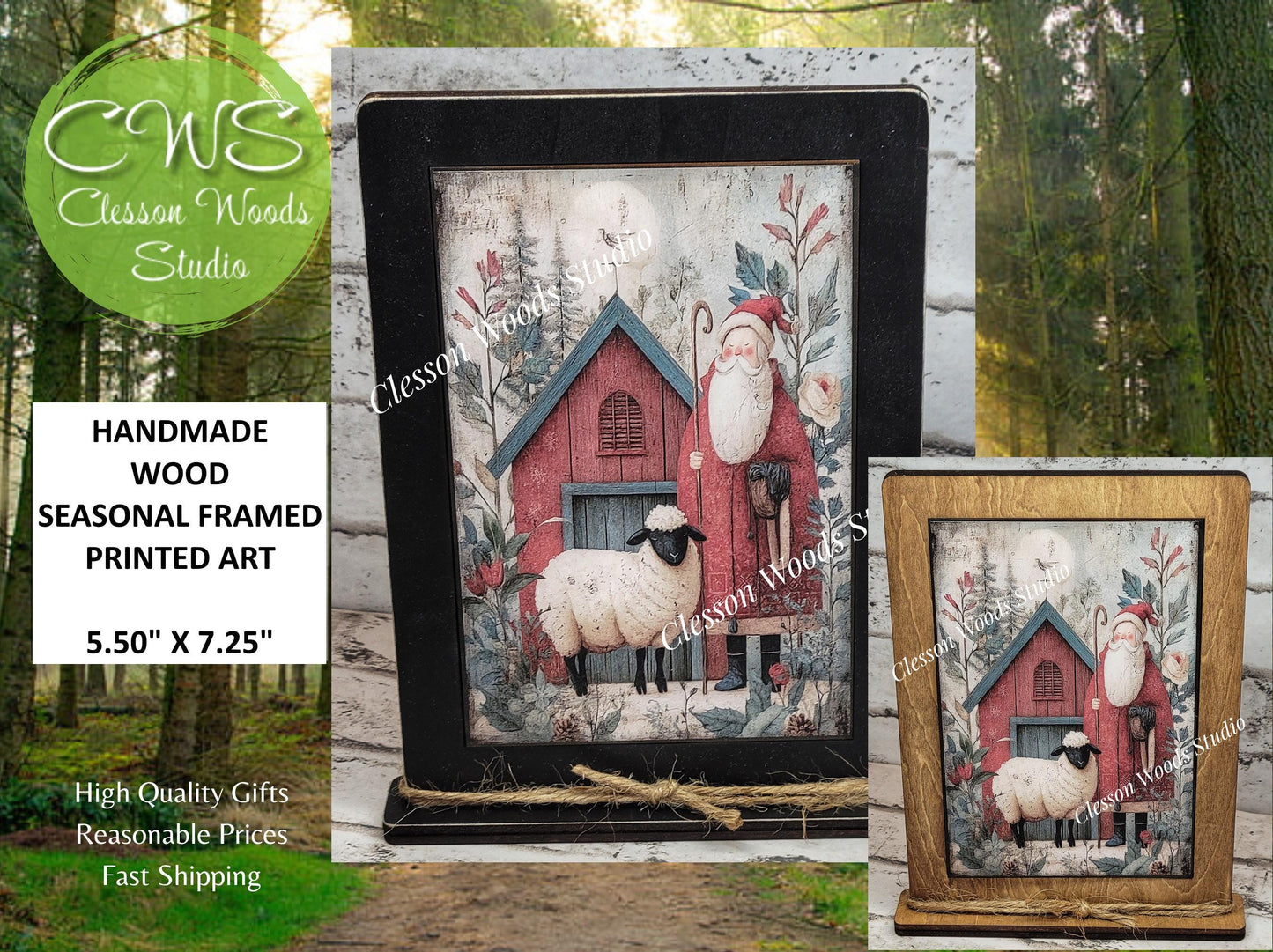 Folk Art Santa and Sheep 4 Framed Art with Attached Stand