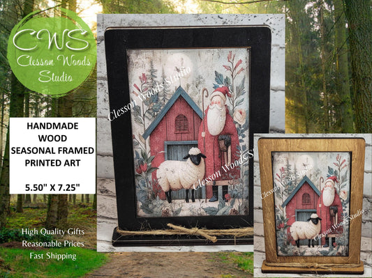 Folk Art Santa and Sheep 4 Framed Art with Attached Stand