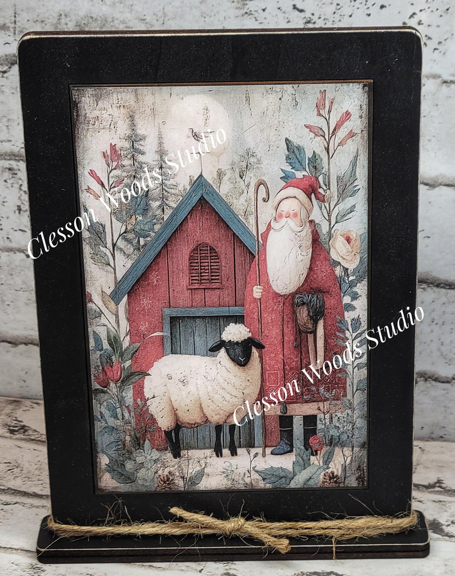 Folk Art Santa and Sheep 4 Framed Art with Attached Stand