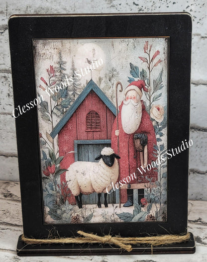 Folk Art Santa and Sheep 4 Framed Art with Attached Stand