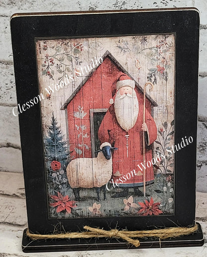 Folk Art Santa and Sheep 5 Framed Art with Attached Stand