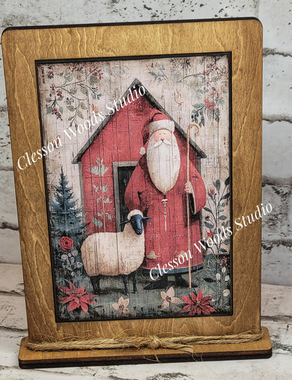 Folk Art Santa and Sheep 5 Framed Art with Attached Stand