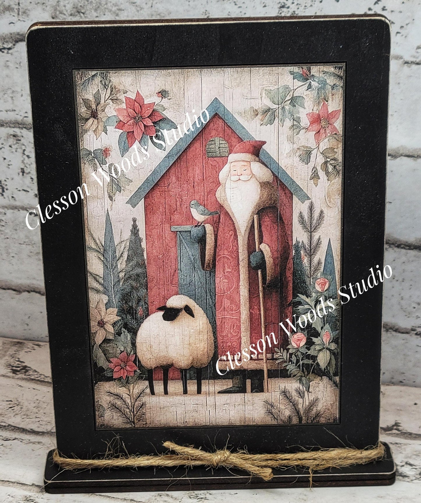 Folk Art Santa and Sheep 7 Framed Art with Attached Stand