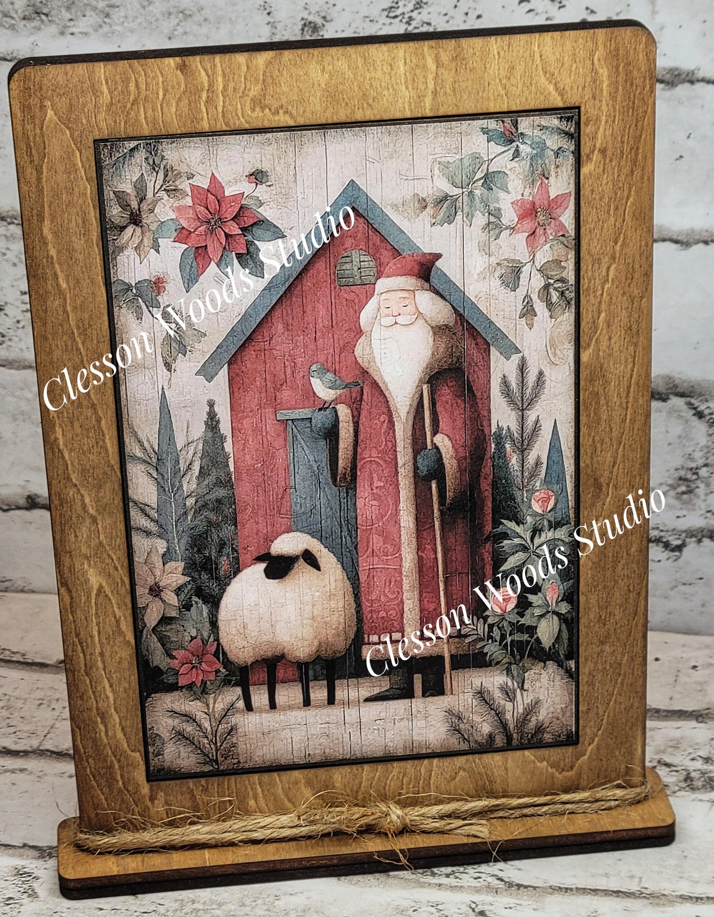 Folk Art Santa and Sheep 7 Framed Art with Attached Stand