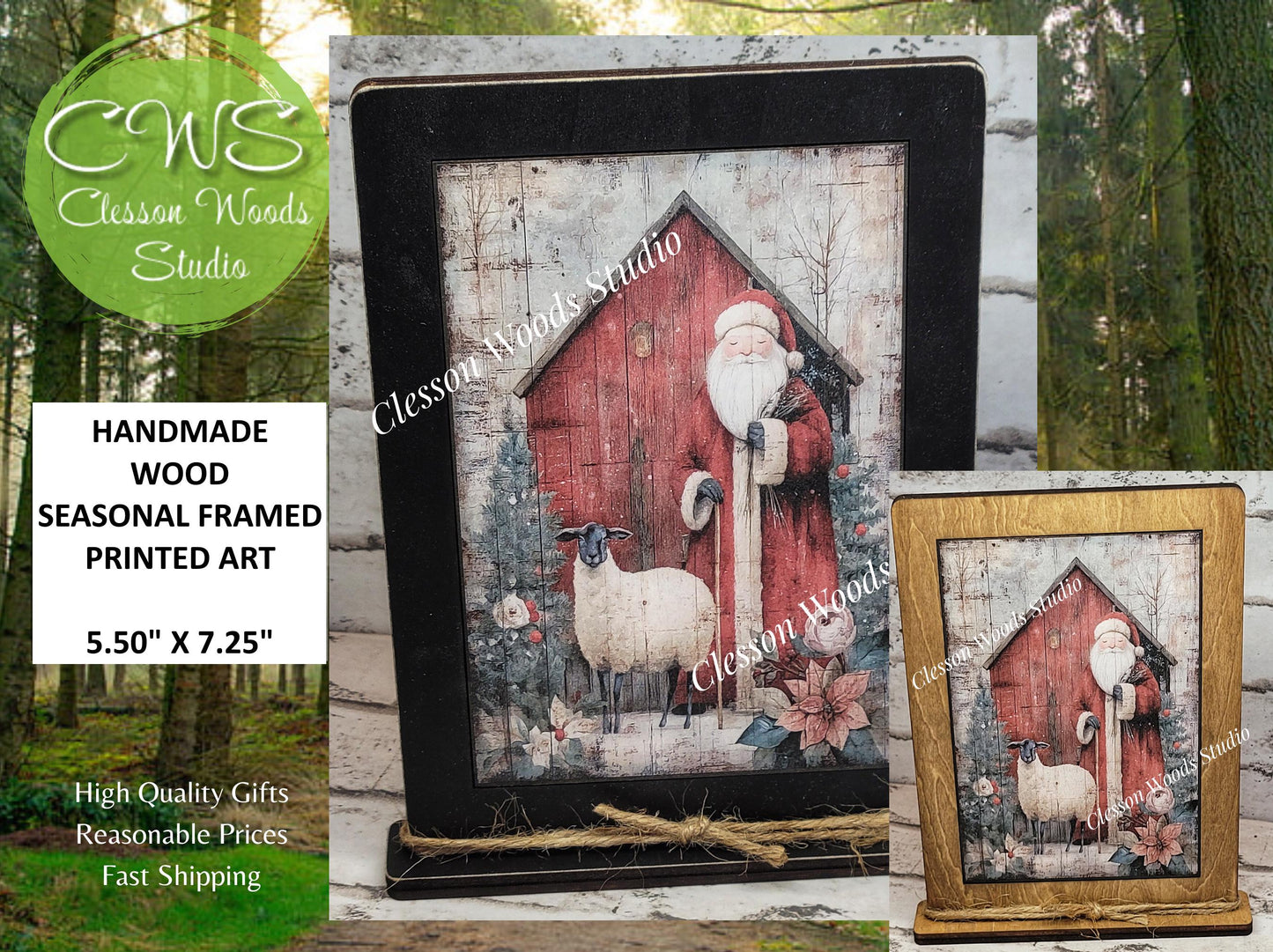 Folk Art Santa and Sheep 8 Framed Art with Attached Stand