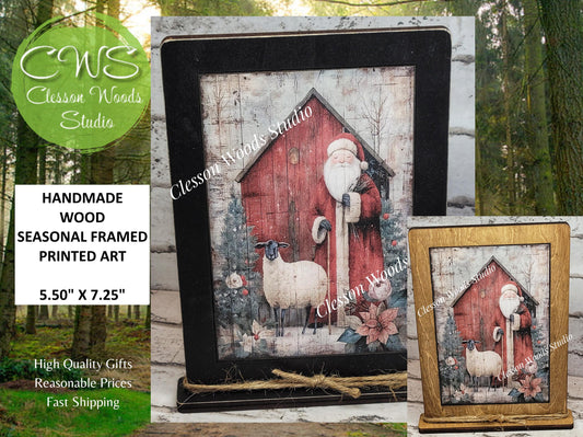 Folk Art Santa and Sheep 8 Framed Art with Attached Stand