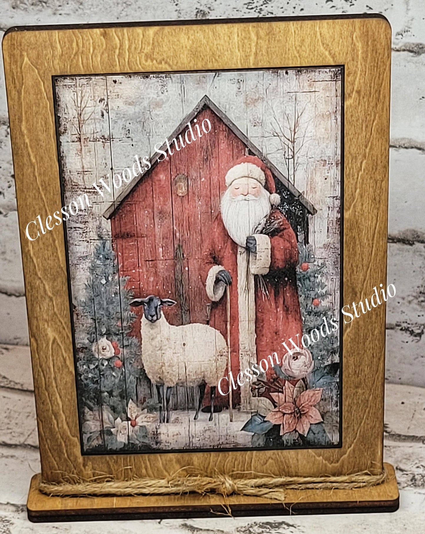 Folk Art Santa and Sheep 8 Framed Art with Attached Stand