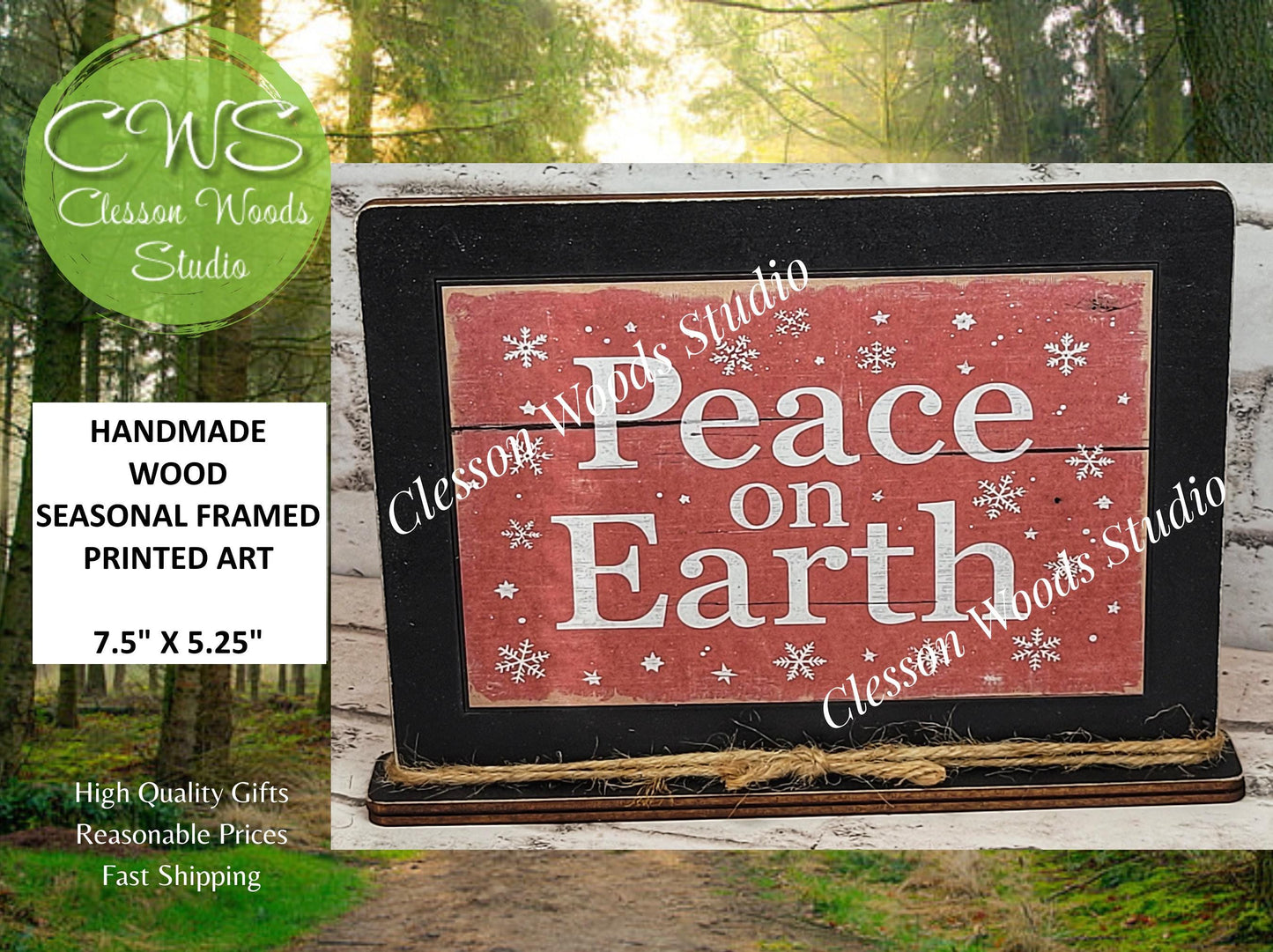 Peace On Earth Holiday Winter Framed Art with Attached Stand