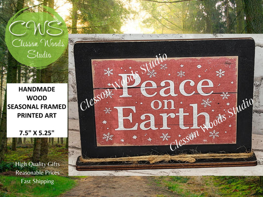 Peace On Earth Holiday Winter Framed Art with Attached Stand