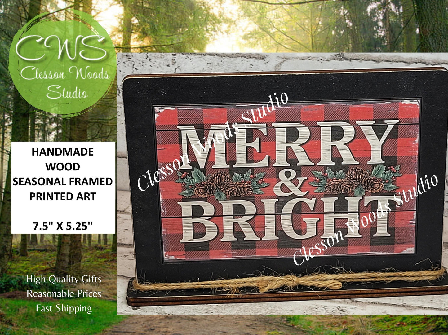 Merry and Bright Holiday Winter Framed Art with Attached Stand