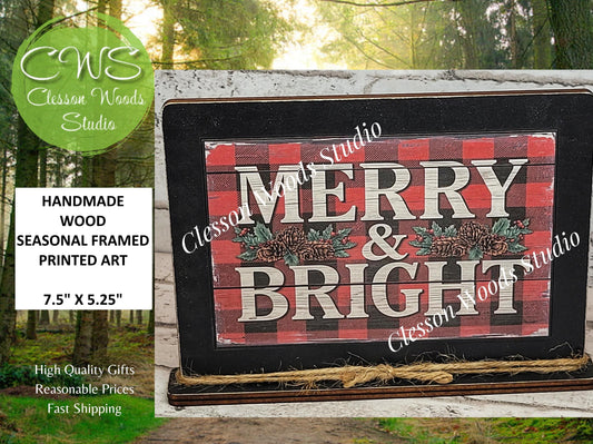 Merry and Bright Holiday Winter Framed Art with Attached Stand