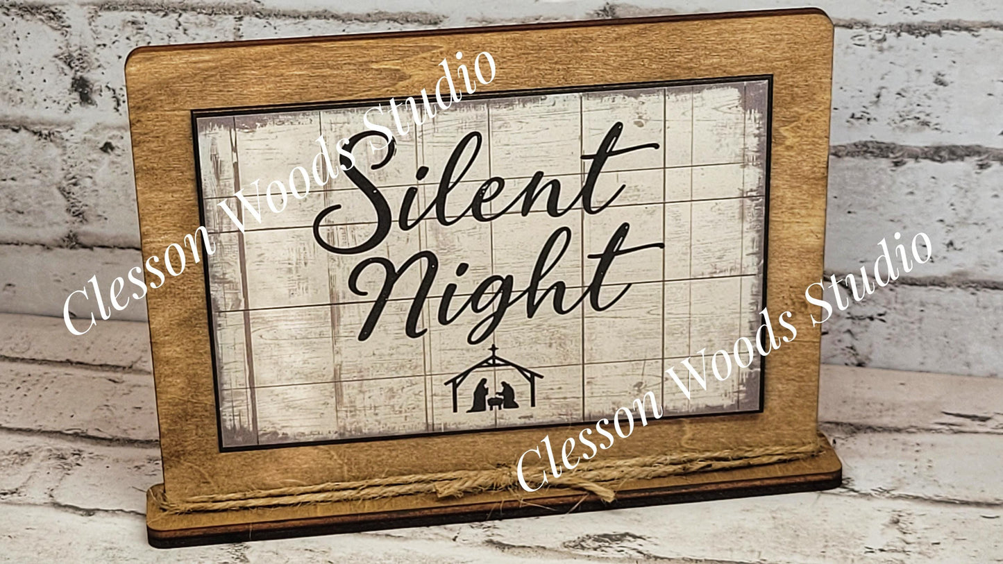 Silent Night Christmas Winter Framed Art with Attached Stand